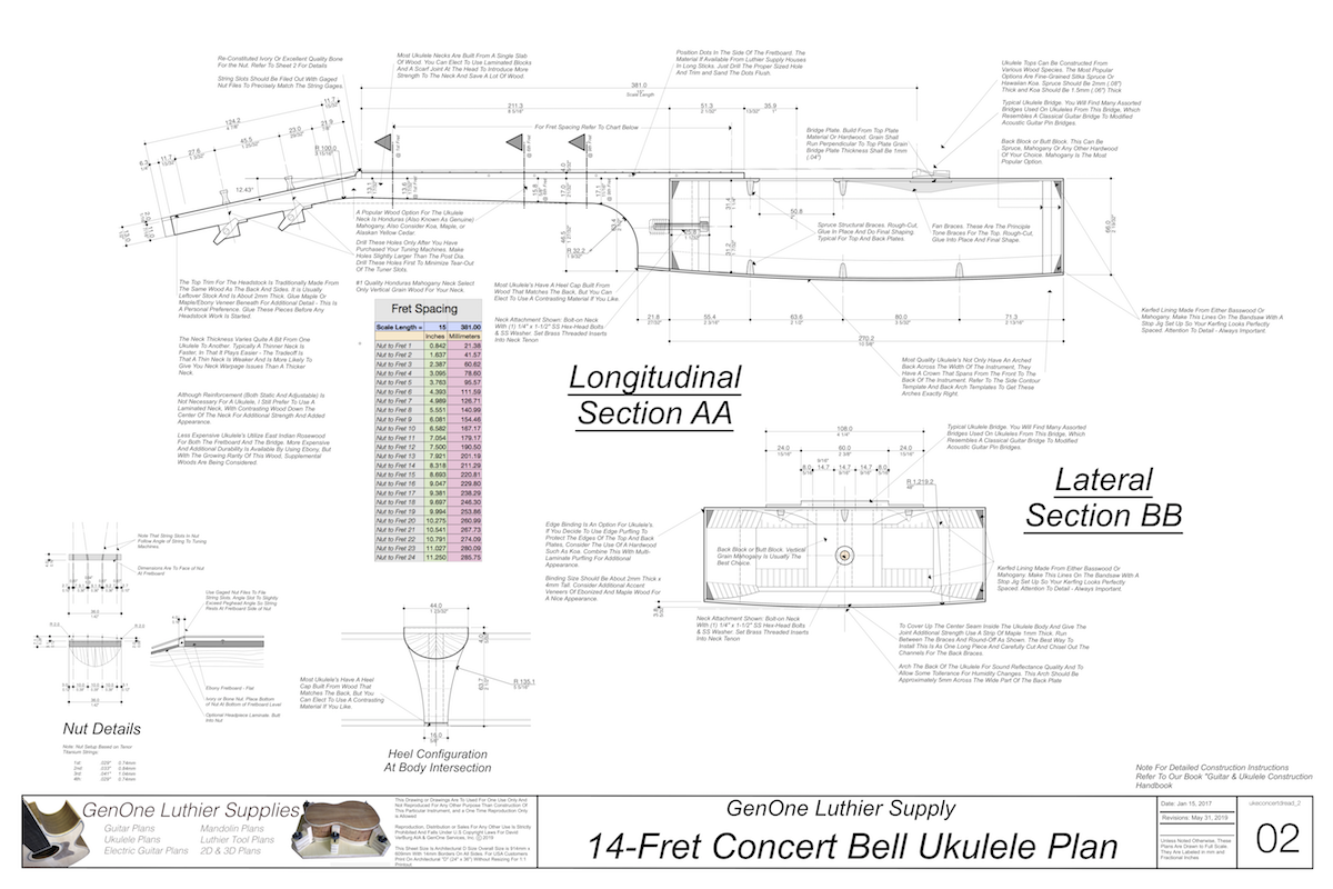 Concert 14 Bell Ukulele Plans Top View, Neck Sections & Purfling Details