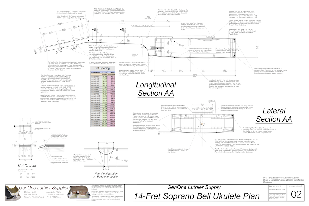 Soprano 14 Bell Ukulele Plans Ukulele Top View, Neck Sections, Notes