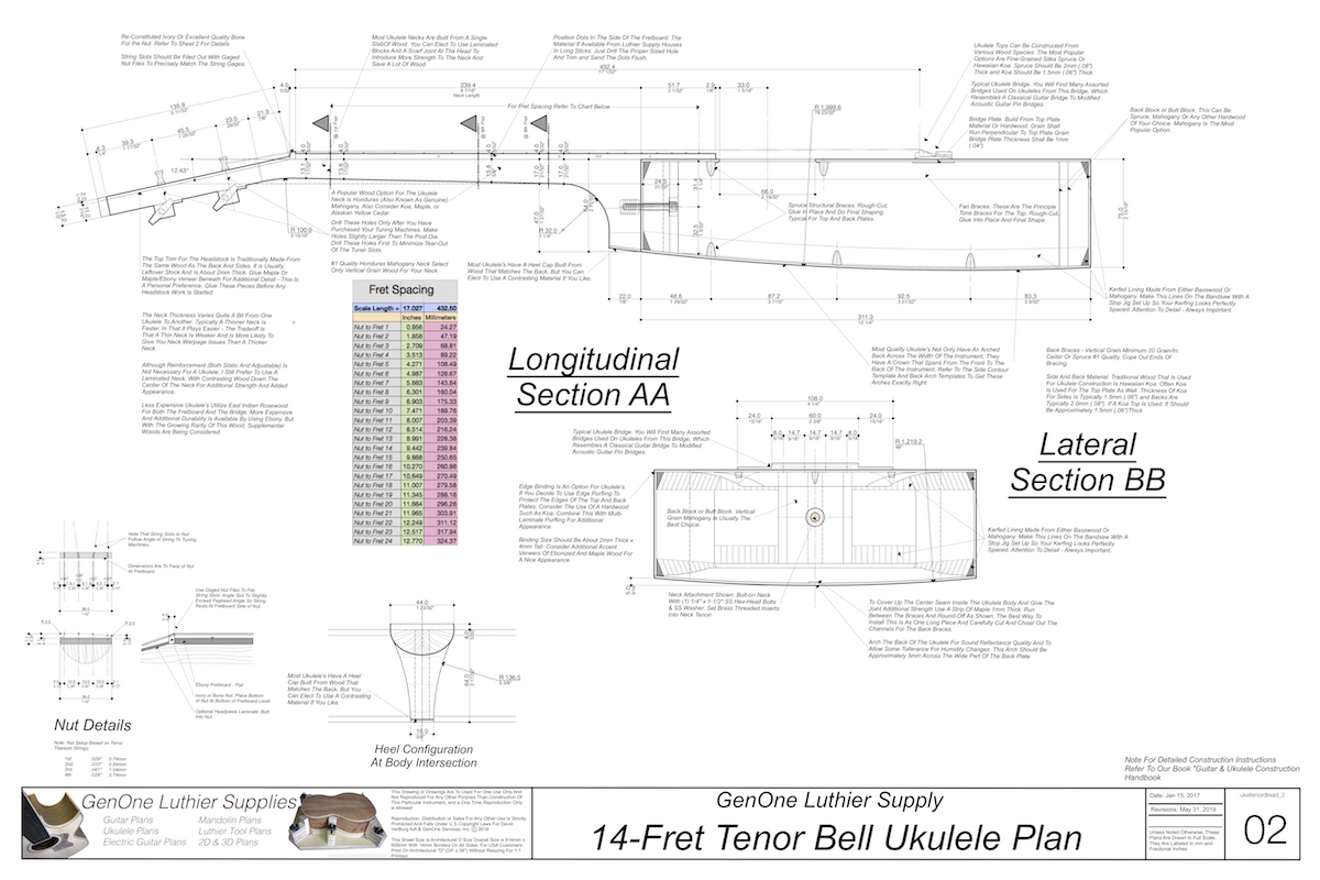 Tenor 14 Bell Shaped Ukulele Plans Top View, Neck Sections & Purfling Details