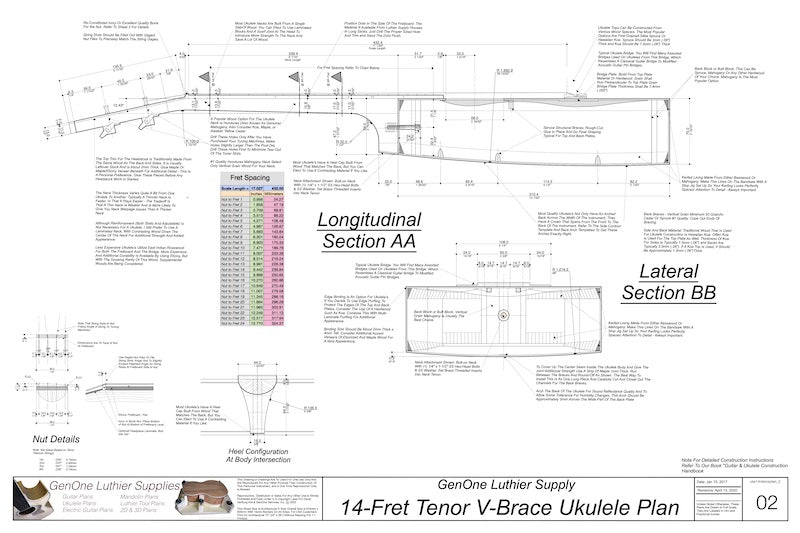 Tenor 14 V-Brace Ukulele, Plan View