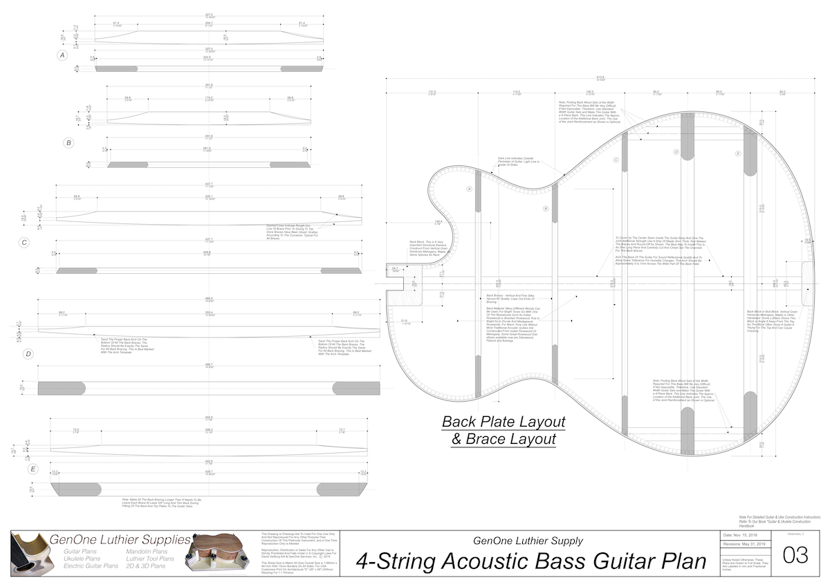 4-String Acoustic Bass Guitar Plans back layout, back brace diagrams