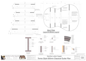Classical Guitar Plans - Torres Bracing 650mm Back Layout & Back Brace Layouts