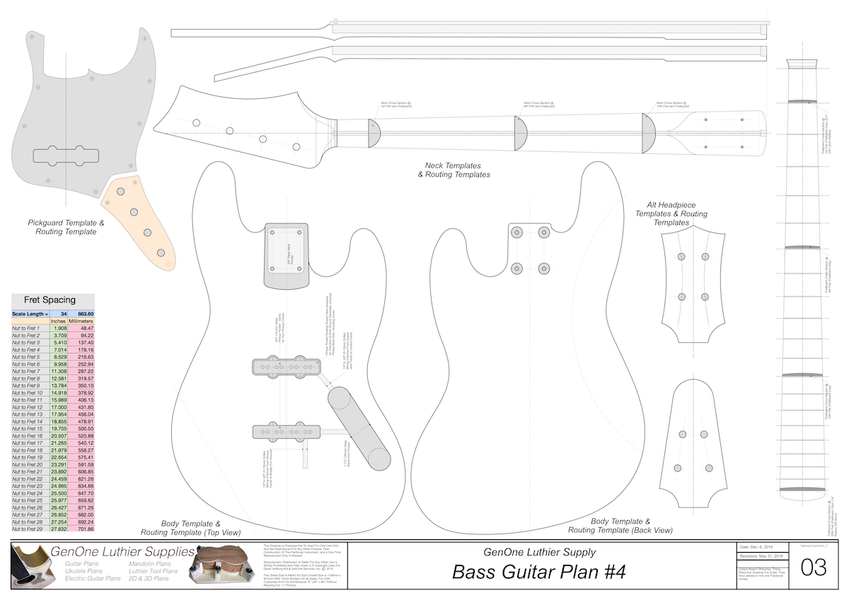 Solid Body Electric Bass Guitar Plan #4 template set