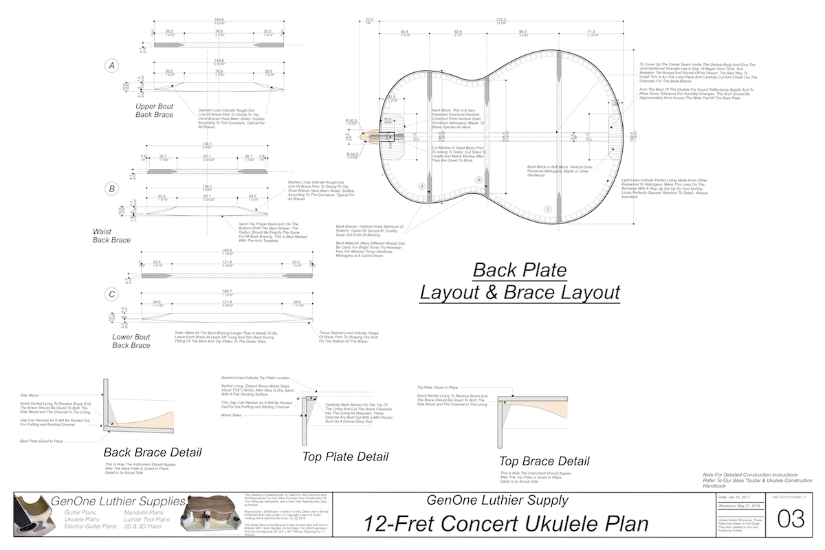 Concert 12 Ukulele Plans Back Layout & Back Brace Layouts