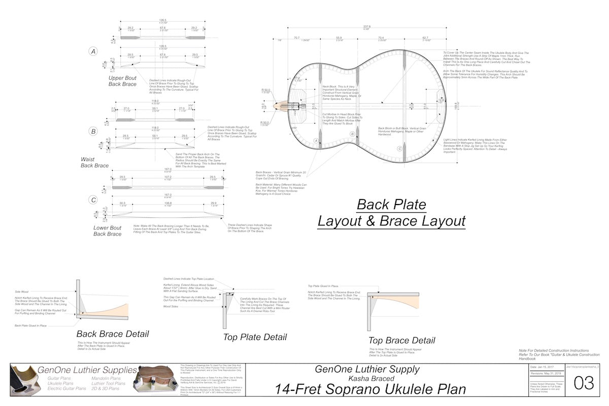 Soprano 14 Kasha Braced Ukulele Plans Back Layout & Back Brace Layouts