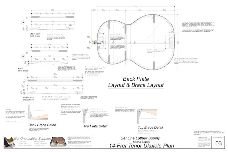 14-Fret Tenor Kasha Braced Ukulele Plans, Back View, Back Braces