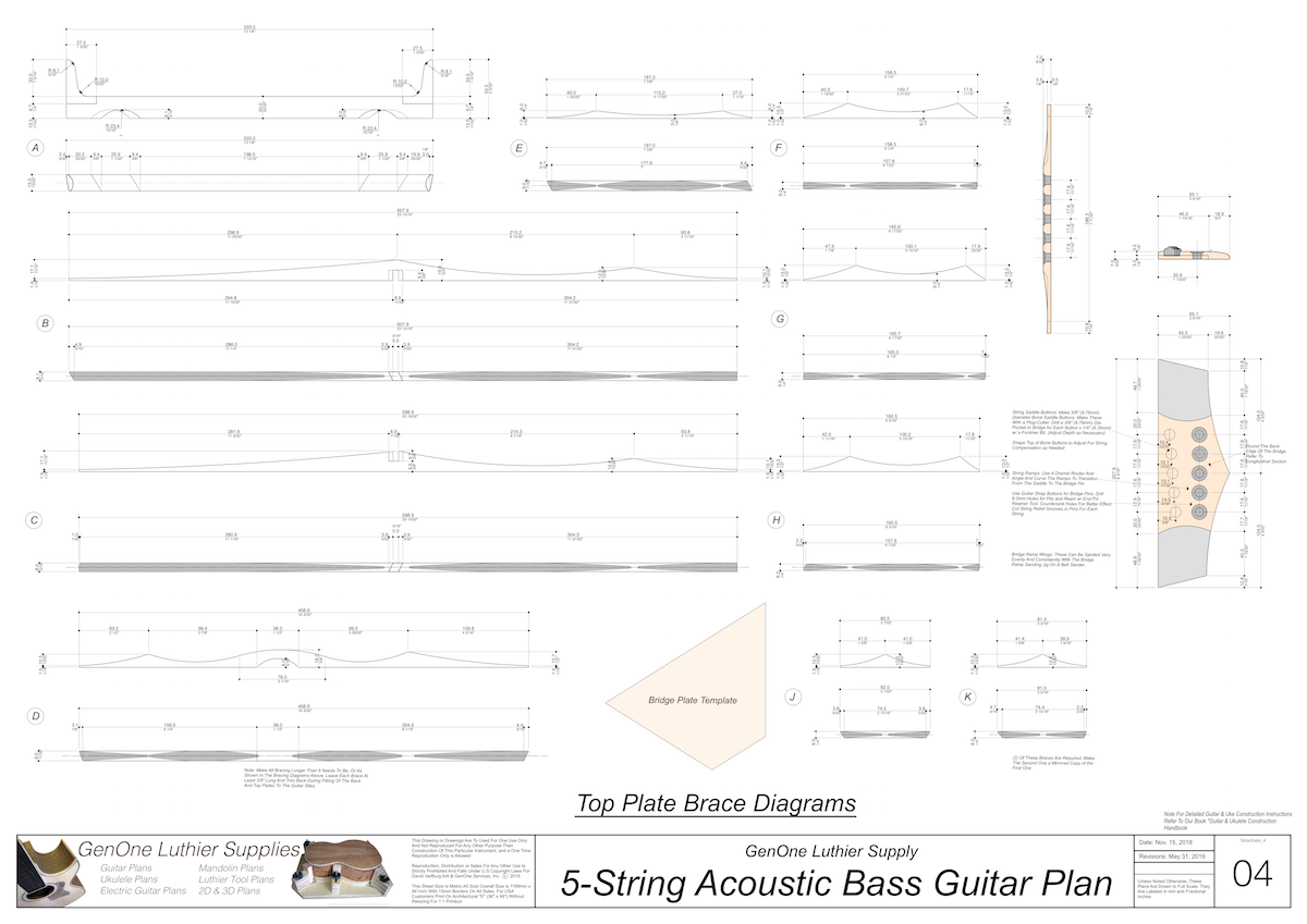 5-String Acoustic Bass Guitar Plans back layout, back brace diagrams