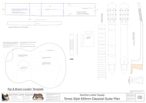 Classical Guitar Plans - Torres Bracing 650mm Template Sheet