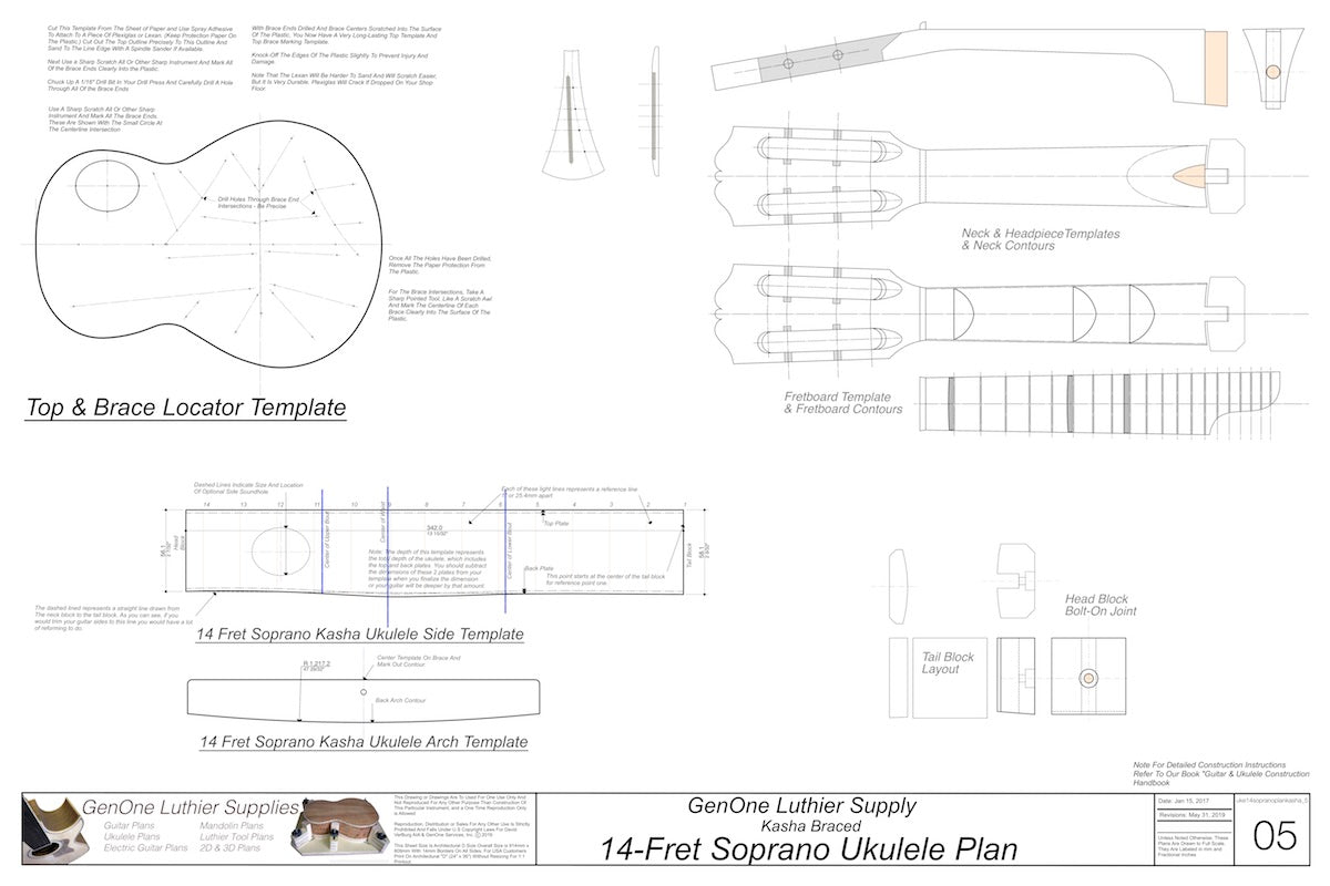 Soprano 14 Kasha Braced Ukulele Plans Template Sheet