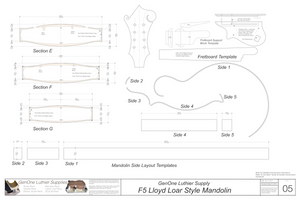 F5 Lloyd Loar Mandolin Plans. Side Layouts, Section Cuts, Head & Pickguard Layouts