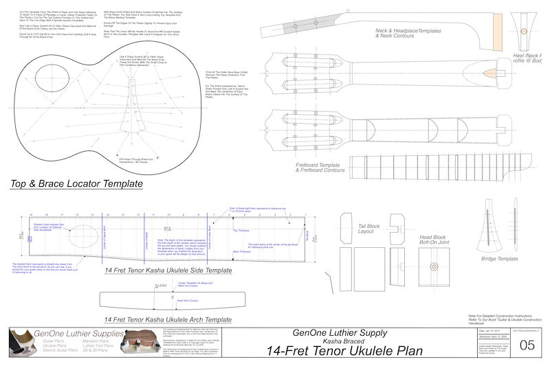 14-Fret Tenor Kasha Braced Ukulele Plans, Template Sheet