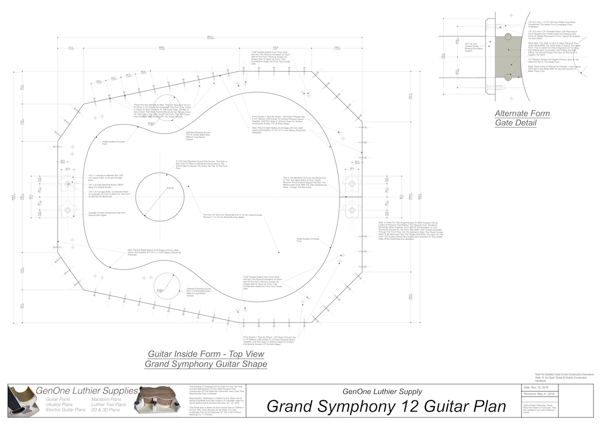 Grand Symphony 12-String Guitar Plan Inside Form Top View, Optional Gate Detail