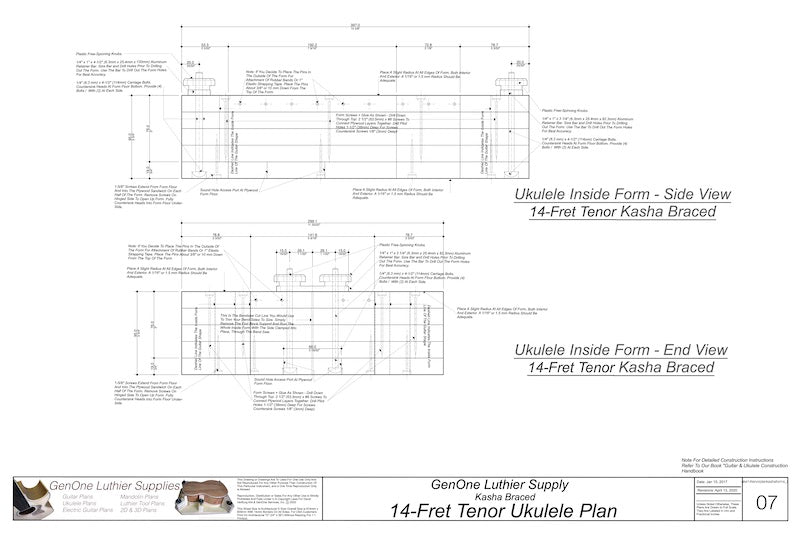 14-Fret Tenor Kasha Braced Ukulele Plans, Inside Form, Side View, Front View